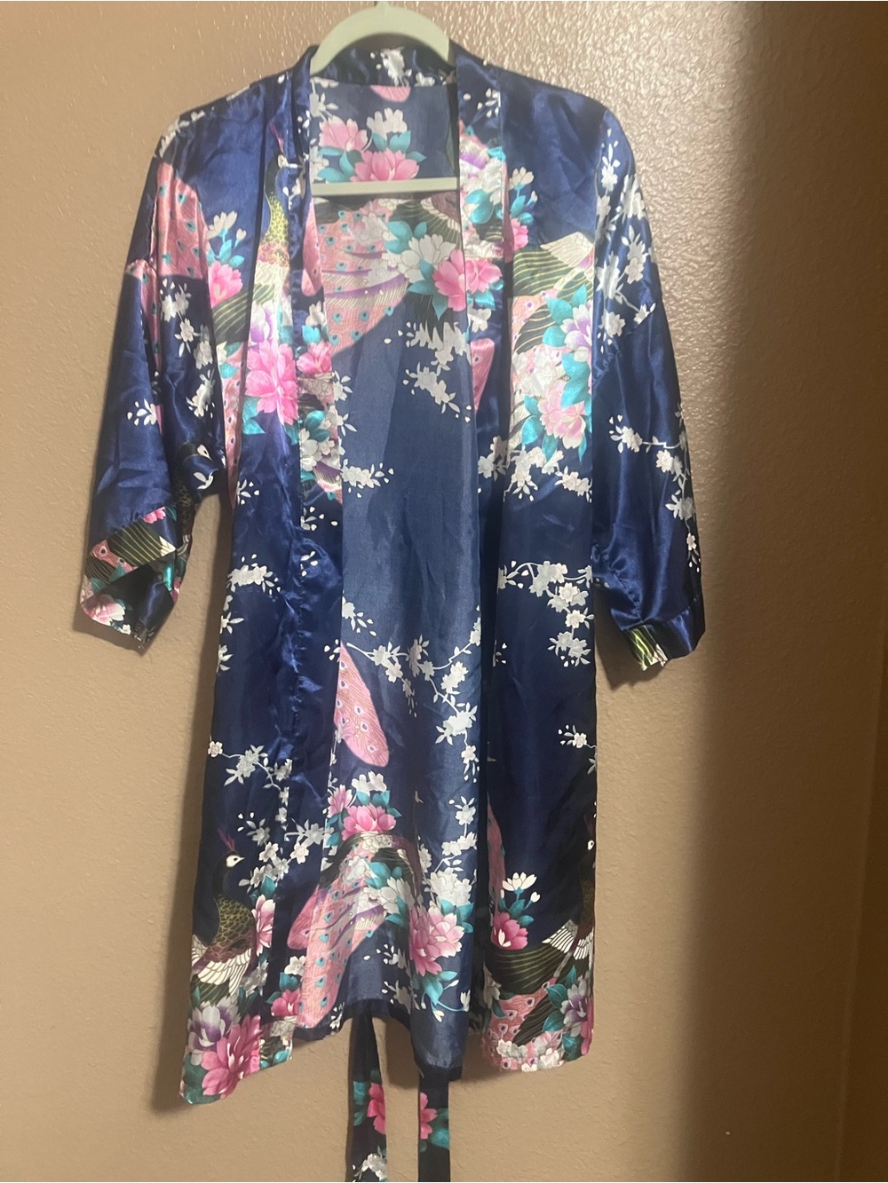 Women's Navy Floral Satin Kimono Robe
